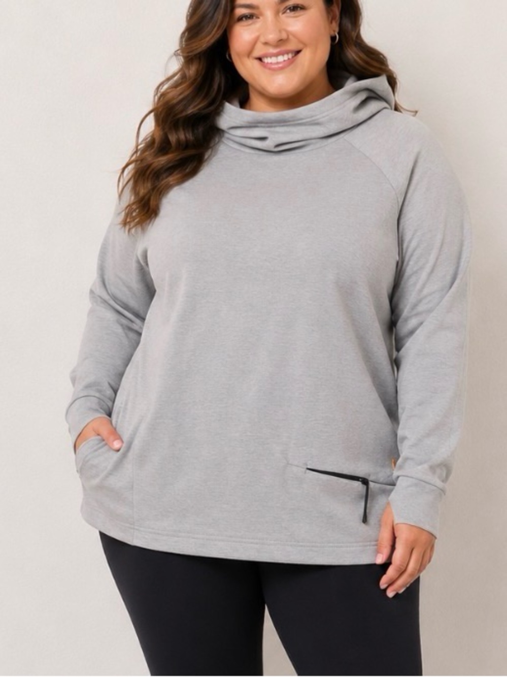 LUCY Heather Light Gray Hooded/funnel neck Pullover Sweatshirt athleisure SZ M